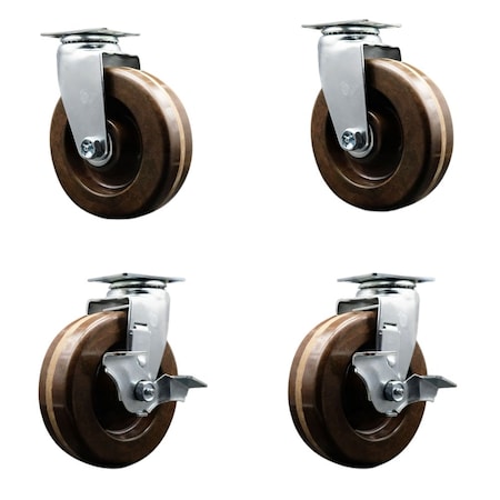 Service Caster 6'' High Temp Phenolic Swivel Caster Set with Bronze Bearings 2 Brakes, 4PK SCC-20S620-PHBZHT-2-TLB-2